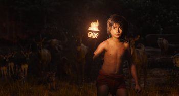Movie still from “The Jungle Book” (2016), directed by Jon Favreau – A young boy holding up a lit up lantern in the dark; Medium shot, High angle