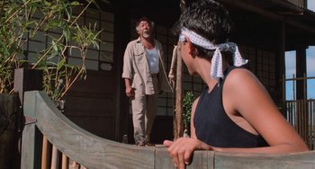 Movie still from “The Karate Kid Part II” (1986), directed by John G. Avildsen – A man standing next to another man on a boat; Medium shot, Over the shoulder angle