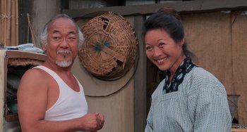 Movie still from “The Karate Kid Part II” (1986), directed by John G. Avildsen – A man and a woman standing next to each other in front of a basket; Medium shot, Low angle