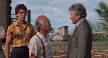 Movie still from “The Karate Kid Part II” (1986), directed by John G. Avildsen – Two men and a woman talking to each other; Medium shot, Over the shoulder angle