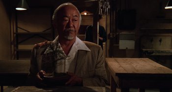 Movie still from “The Karate Kid Part III” (1989), directed by John G. Avildsen – An older man sitting at a table with a plant in his hand; Medium shot, Low angle