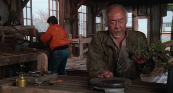 Movie still from “The Karate Kid Part III” (1989), directed by John G. Avildsen – An older man is working in a wood shop; Medium shot, Low angle