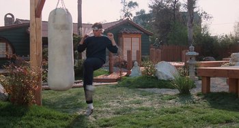 Movie still from “The Karate Kid Part III” (1989), directed by John G. Avildsen – A man kicking a punching bag in a yard; Wide shot, Low angle