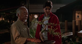 Movie still from “The Karate Kid Part III” (1989), directed by John G. Avildsen – A man and a woman looking at a bonsai tree; Medium shot, Low angle