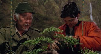 Movie still from “The Karate Kid Part III” (1989), directed by John G. Avildsen – A man and a boy are looking at a plant; Medium shot, Low angle