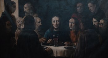 Movie still from “The Last Vermeer” (2019), directed by Dan Friedkin – A group of people sitting at a table with wine glasses; Medium shot, High angle
