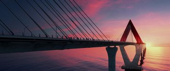 Movie still from “The Last Voyage of the Demeter” (2023), directed by André Øvredal – A view of a bridge that is over a body of water at sunset; Extreme Wide shot, Low angle
