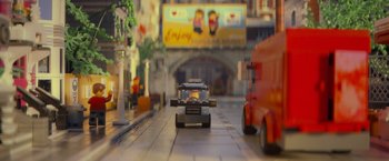 Movie still from “The Lego Movie” (2014), directed by Phil Lord – A toy car on the street; Wide shot, High angle