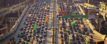 Movie still from “The Lego Movie” (2014), directed by Phil Lord – An aerial view of a traffic jam in the middle of the day; Extreme Wide shot, High angle