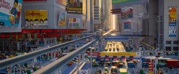Movie still from “The Lego Movie” (2014), directed by Phil Lord – A busy city street filled with lots of traffic; Extreme Wide shot, High angle