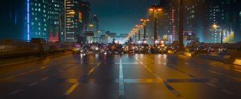 Movie still from “The Lego Movie” (2014), directed by Phil Lord – A city street filled with lots of traffic at night; Extreme Wide shot, High angle