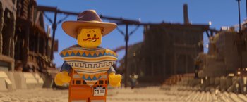 Movie still from “The Lego Movie” (2014), directed by Phil Lord – A lego man wearing a cowboy hat standing in front of a bridge; Close Up shot, Low angle