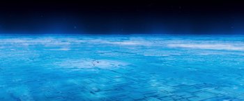 Movie still from “The Lego Movie” (2014), directed by Phil Lord – An aerial view of the ocean at night time; Extreme Wide shot, High angle