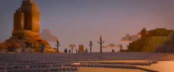 Movie still from “The Lego Movie” (2014), directed by Phil Lord – An image of a desert scene with a cactus field; Extreme Wide shot, Over the shoulder angle