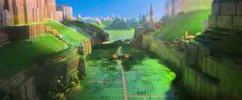 Movie still from “The Lego Movie” (2014), directed by Phil Lord – An aerial view of a large city with a lot of people; Extreme Wide shot, High angle