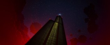Movie still from “The Lego Movie” (2014), directed by Phil Lord – A view of a skyscraper at night from the ground level; Extreme Wide shot, Low angle