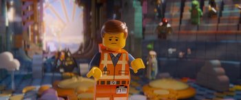 Movie still from “The Lego Movie” (2014), directed by Phil Lord – A lego man that is standing up; Close Up shot, Over the shoulder angle