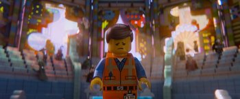 Movie still from “The Lego Movie” (2014), directed by Phil Lord – A lego man that is standing up; Close Up shot, Low angle