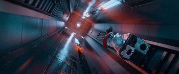 Movie still from “The Lego Movie” (2014), directed by Phil Lord – A person riding a skateboard down a ramp; Extreme Wide shot, Overhead angle