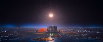 Movie still from “The Lego Movie” (2014), directed by Phil Lord – An image of an alien city with a moon in the background; Extreme Wide shot, High angle