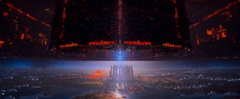 Movie still from “The Lego Movie” (2014), directed by Phil Lord – A view of a city from the top of an airplane; Extreme Wide shot, Low angle