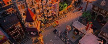Movie still from “The Lego Movie” (2014), directed by Phil Lord – A view of a toy city from above; Extreme Wide shot, High angle