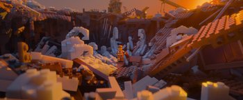 Movie still from “The Lego Movie” (2014), directed by Phil Lord – A lego man standing in the middle of a pile; Extreme Wide shot, Overhead angle