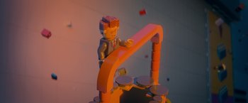 Movie still from “The Lego Movie” (2014), directed by Phil Lord – A lego figure that is on top of a ramp; Close Up shot, Low angle