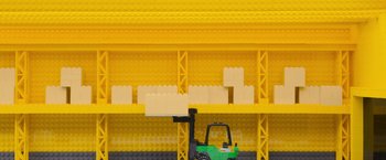 Movie still from “The Lego Movie” (2014), directed by Phil Lord – A forklift is parked next to a yellow shelf; Extreme Close Up shot, Overhead angle