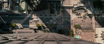 Movie still from “The Lincoln Lawyer” (2011), directed by Brad Furman – Looking down at a city street from a skyscraper; Extreme Wide shot, Overhead angle