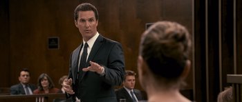 Movie still from “The Lincoln Lawyer” (2011), directed by Brad Furman – A man in a suit and tie talking to a woman in a suit and tie; Medium shot, Over the shoulder angle