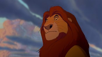 Movie still from “The Lion King” (1994), directed by Rob Minkoff – The face of a lion; Close Up shot, Low angle