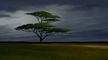 Movie still from “The Lion King” (1994), directed by Rob Minkoff – A painting of a tree in the middle of a grassy field; Extreme Wide shot, Low angle