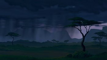 Movie still from “The Lion King” (1994), directed by Rob Minkoff – A painting of a tree in the middle of the night; Extreme Wide shot, Low angle