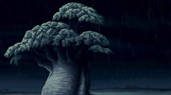 Movie still from “The Lion King” (1994), directed by Rob Minkoff – An artistic painting of a tree in the middle of the night; Extreme Wide shot, Low angle