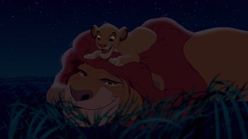 Movie still from “The Lion King” (1994), directed by Rob Minkoff – A lion and a lioness in a field at night; Medium shot, Low angle