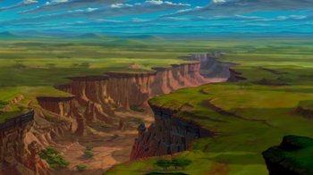 Movie still from “The Lion King” (1994), directed by Rob Minkoff – An oil painting of a large cliff in the middle of a valley; Extreme Wide shot, Overhead angle