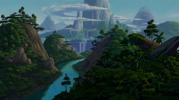 Movie still from “The Lion King” (1994), directed by Rob Minkoff – A painting of a river flowing through a valley; Extreme Wide shot, High angle