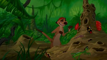 Movie still from “The Lion King” (1994), directed by Rob Minkoff – A painting of an animal in the jungle; Wide shot, Low angle