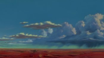 Movie still from “The Lion King” (1994), directed by Rob Minkoff – An oil painting of an open field with clouds in the background; Extreme Wide shot, Low angle