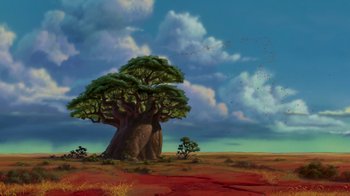 Movie still from “The Lion King” (1994), directed by Rob Minkoff – An artistic painting of a tree in the middle of a field; Extreme Wide shot, Low angle