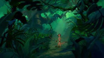 Movie still from “The Lion King” (1994), directed by Rob Minkoff – An animated scene of a man in the jungle; Extreme Wide shot, Low angle