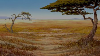 Movie still from “The Lion King” (1994), directed by Rob Minkoff – An oil painting of an open field with a tree in the background; Extreme Wide shot, High angle