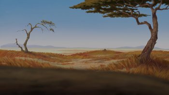 Movie still from “The Lion King” (1994), directed by Rob Minkoff – An oil painting of an open field with a tree in the background; Extreme Wide shot, Low angle