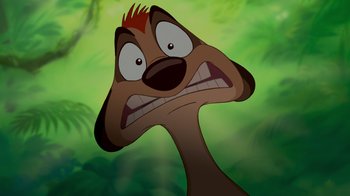 Movie still from “The Lion King” (1994), directed by Rob Minkoff – An animated dog with a surprised look on its face; Close Up shot, Low angle