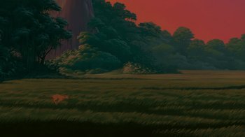 Movie still from “The Lion King” (1994), directed by Rob Minkoff – A painting of a grassy field with trees in the background; Extreme Wide shot, Low angle