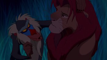 Movie still from “The Lion King” (1994), directed by Rob Minkoff – A lion and rafiki from the lion king; Close Up shot, Low angle