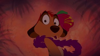 Movie still from “The Lion King” (1994), directed by Rob Minkoff – A dog with a flower in his mouth; Close Up shot, Low angle