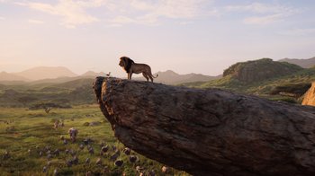 Movie still from “The Lion King” (2019), directed by Jon Favreau – A lion standing on top of a rock in the middle of a field; Extreme Wide shot, Low angle