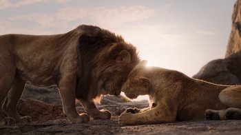 Movie still from “The Lion King” (2019), directed by Jon Favreau – A couple of lions that are laying on the ground; Medium shot, Low angle